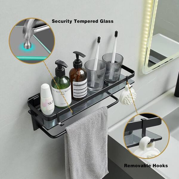 2-Piece 4.88 in. W x 5.85 in. H x 15.74 in. D Glass Rectangular Shower  Shelf in Silver with 4 Hooks, 1 with a Towel Bar