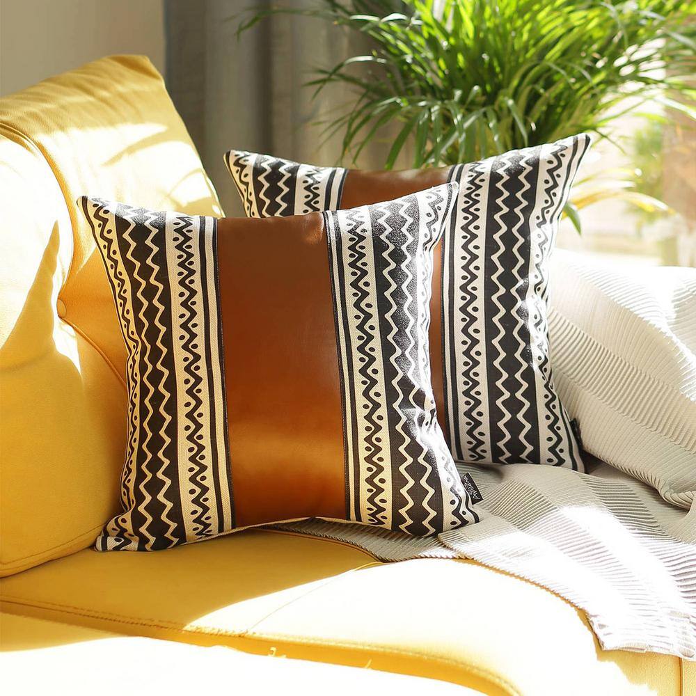 Boho Brown and Ivory Faux Leather Geometric Pillow Covers, Set of 2