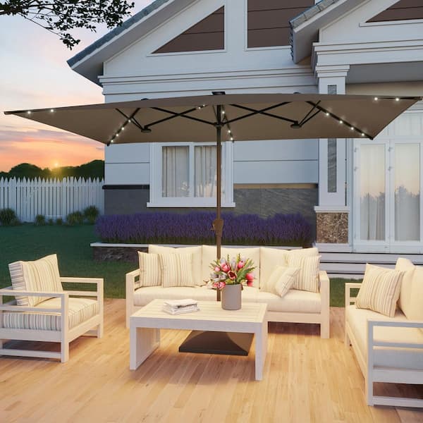 Sonkuki 10 x 6.5 ft. Steel Solar-powered Double-Sided Market Patio Umbrella Large Canopy Outdoor Table Umbrella in Taupe