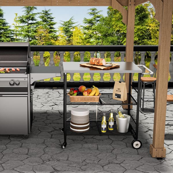 3- Shelf Stainless Steel Foldable Outdoor Grill Cart Indoor Prep Table with 4-Wheels (31.5 in. W x 23.6 in. D)