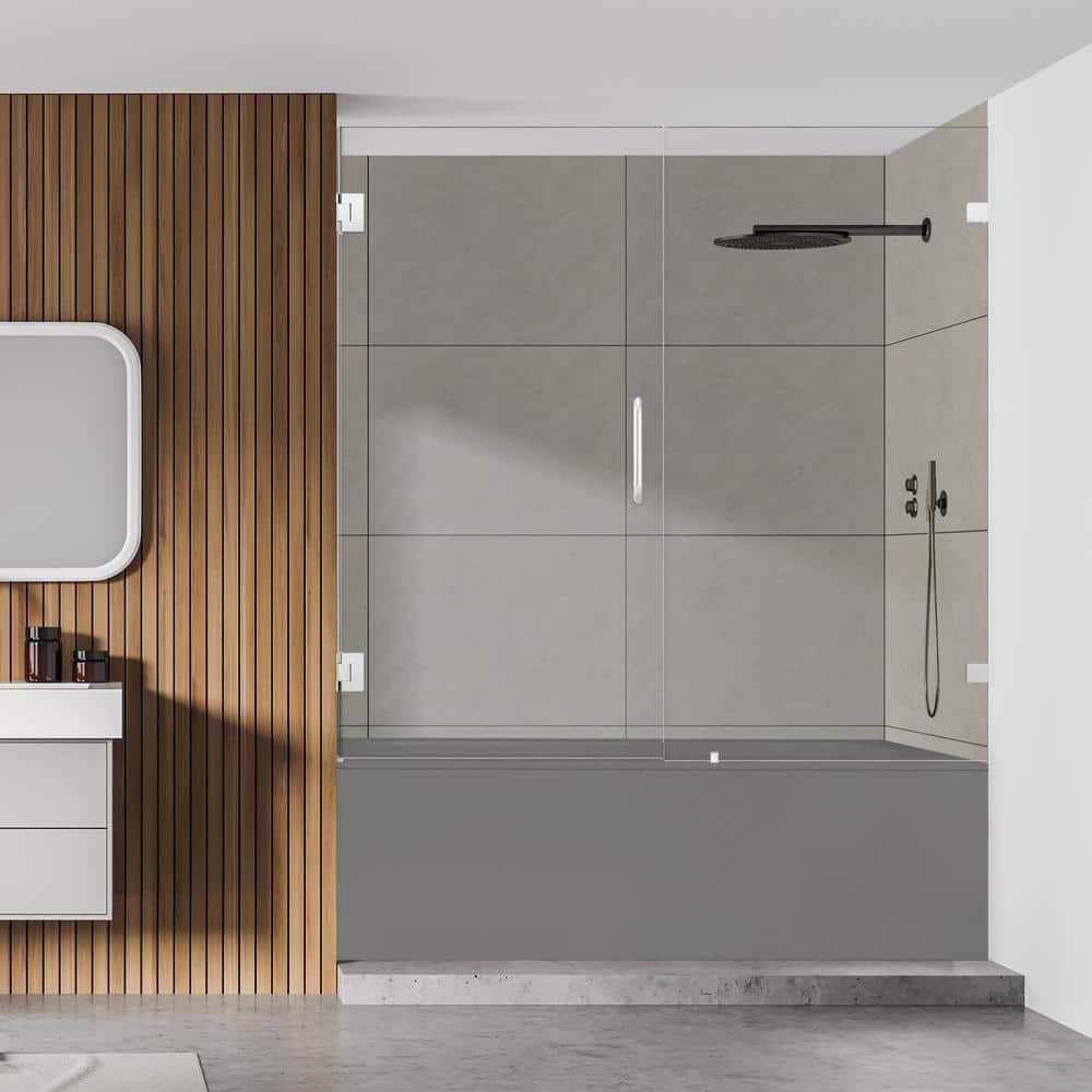 60" Polished Chrome Frameless Hinged Tub Door with Clear Glass