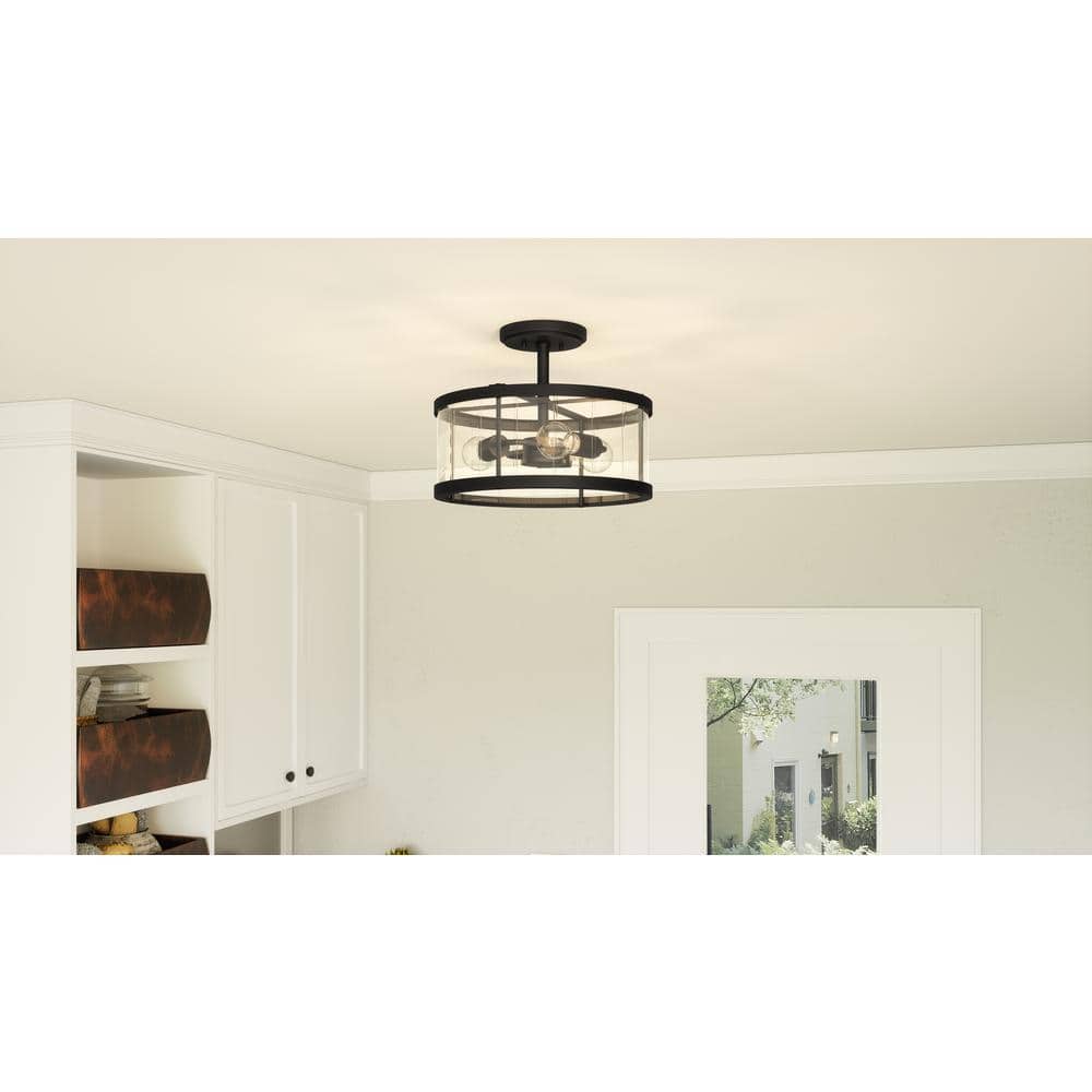 Lucia Matte Black and Glass Drum Semi-Flush Mount Light