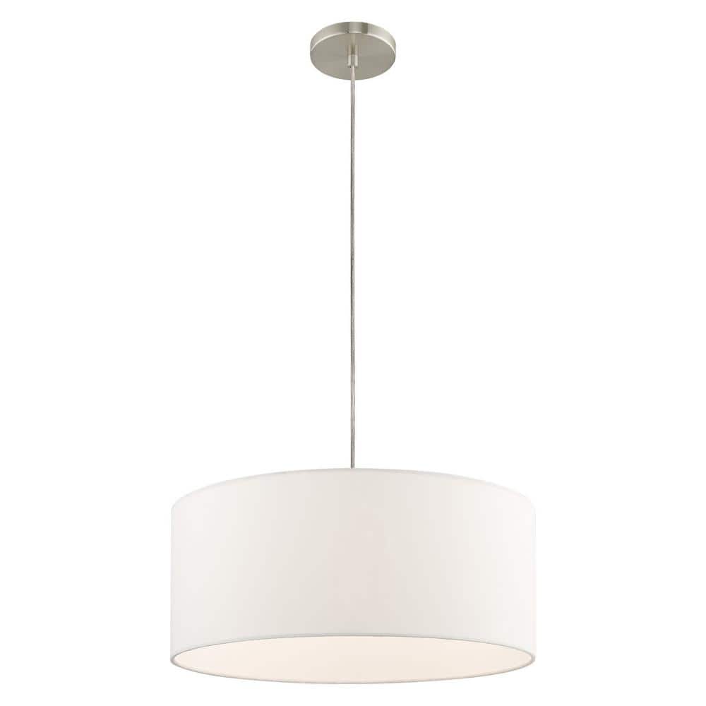 Brushed Nickel Drum Pendant with Off-White Fabric Shade