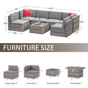 6-Piece Gray Wicker Outdoor Patio Conversation Set with 44 in. Fire Pit and Beige Cushions