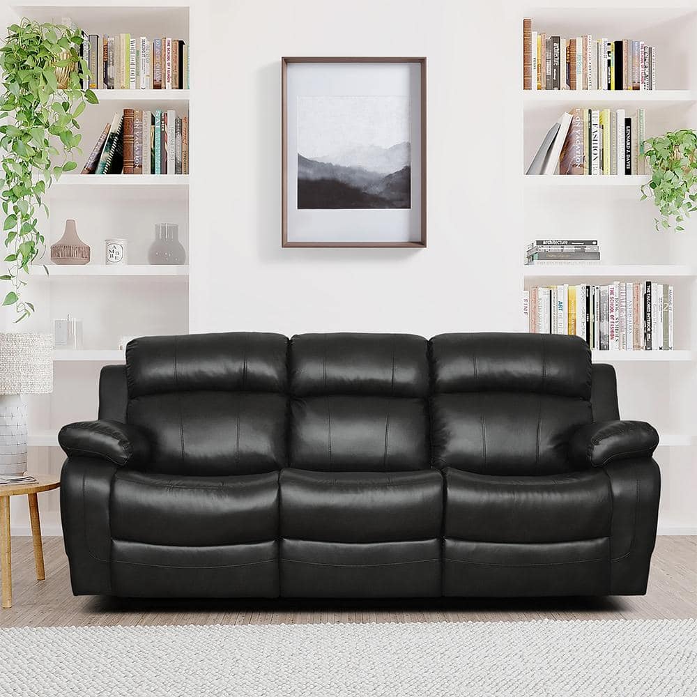 Black Faux Leather Reclining Sofa with Cup Holders and Pillow-top Arms