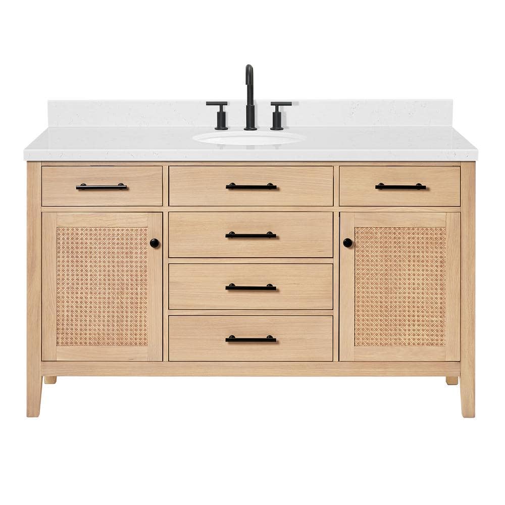 Camila 60" Light Brown Oak Freestanding Bathroom Vanity with Quartz Top