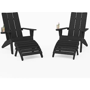 4-Piece Oversize Modern Black Plastic Outdoor Patio Adirondack Chair with Folding Ottoman Set