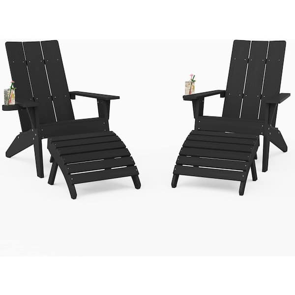 Mximu 4-Piece Oversize Modern Black Plastic Outdoor Patio Adirondack Chair with Folding Ottoman Set