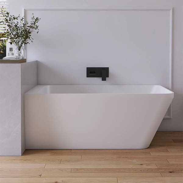 59 in. x 28 in. Stone Resin Solid Surface Freestanding Corner Soaking Bathtub in White