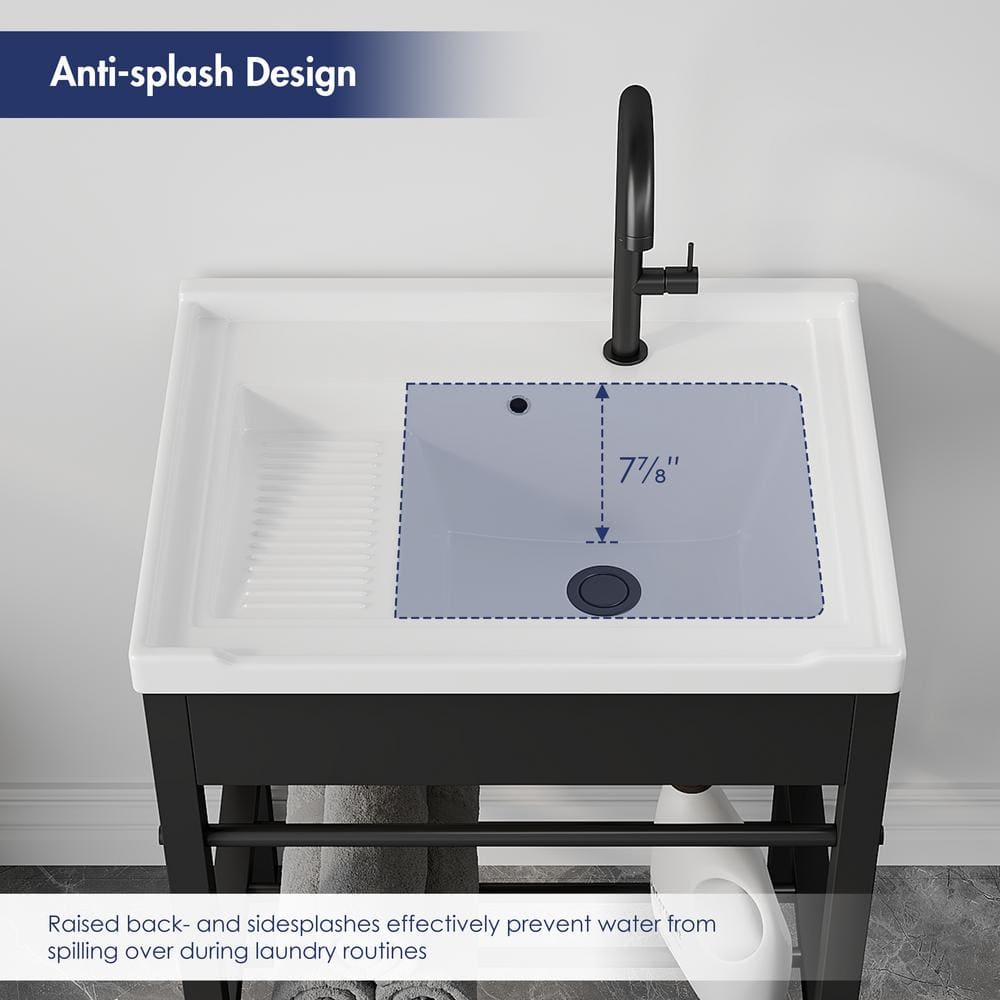24" White Ceramic Freestanding Laundry Sink with Black Metal Frame