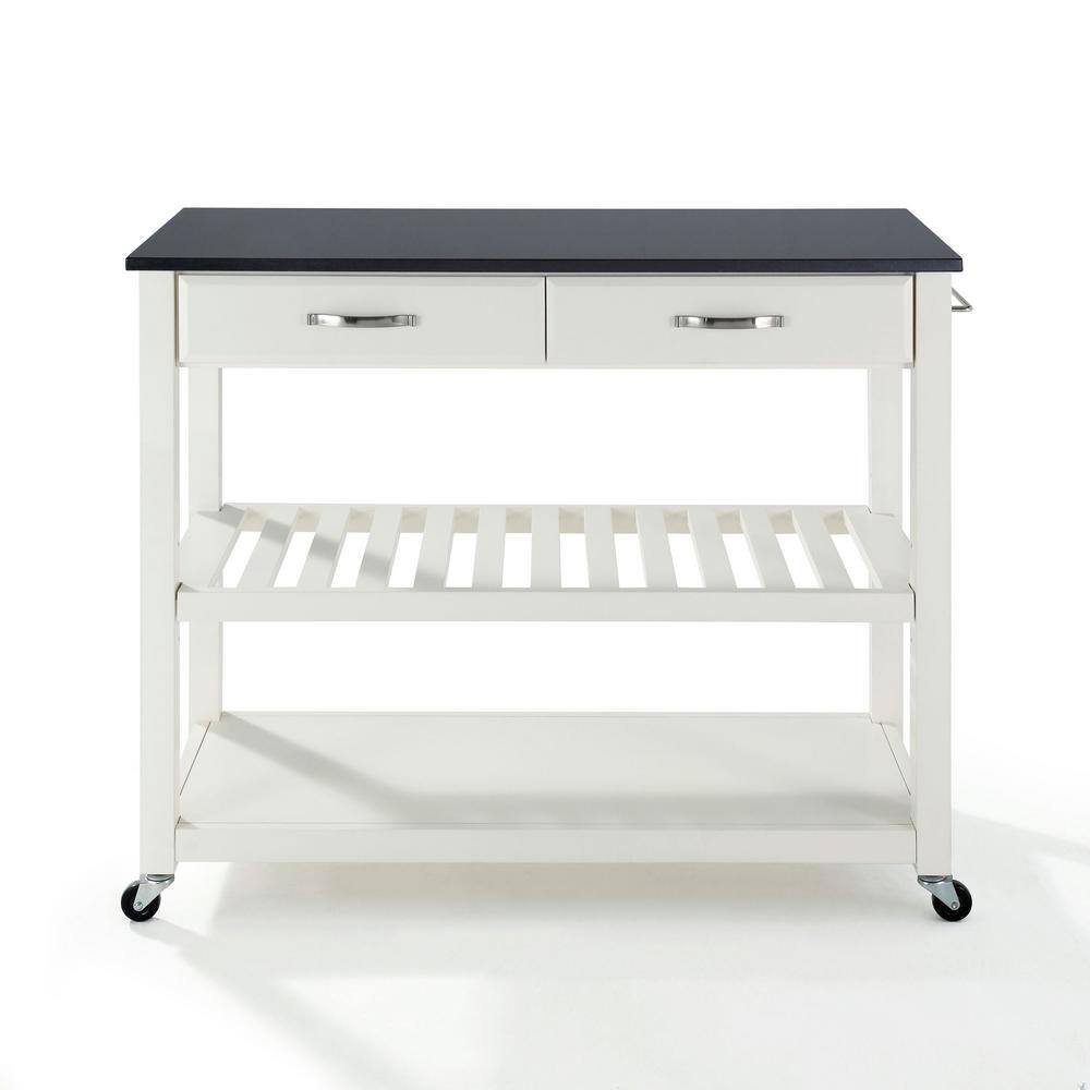 White Granite Top Kitchen Cart with Wine Rack and Storage