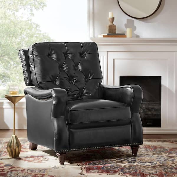 Louisa Black 33.5 in. W Genuine Leather Manual Recliner with Solid Wood Legs