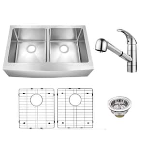 33 in. Farmhouse Apron Front Undermount 50/50 Double Bowl 16-Gauge Stainless Steel Sink with Pull-Out Chrome Faucet