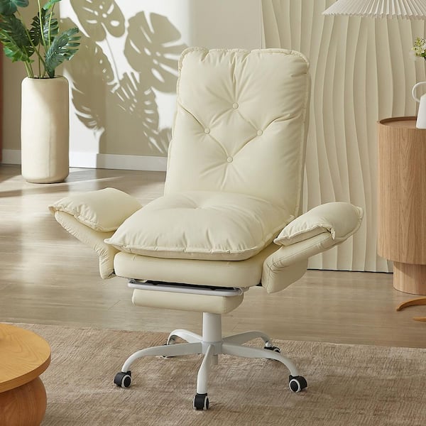 PU Leather High-Back Cross-Legged Office Chair in Beige w/ Flip-up Arms, Ergonomic Swivel Executive Chair With Footrest