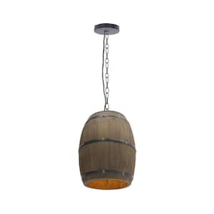 1-Light Brown Retro Cage Wood Barrel Pendant Light with Wood Shade