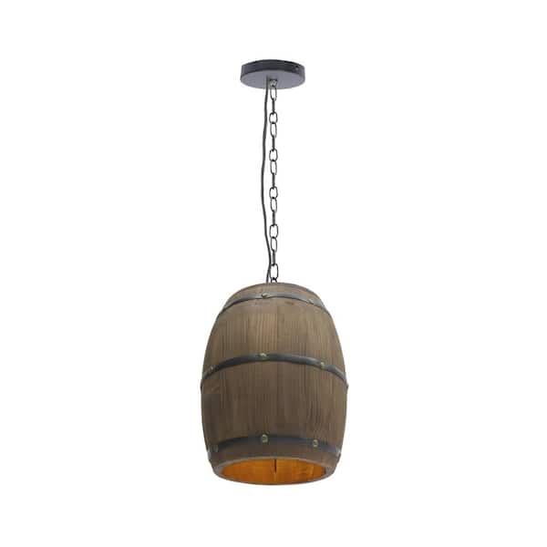 OUKANING 1-Light Brown Retro Cage Wood Barrel Pendant Light with Wood Shade