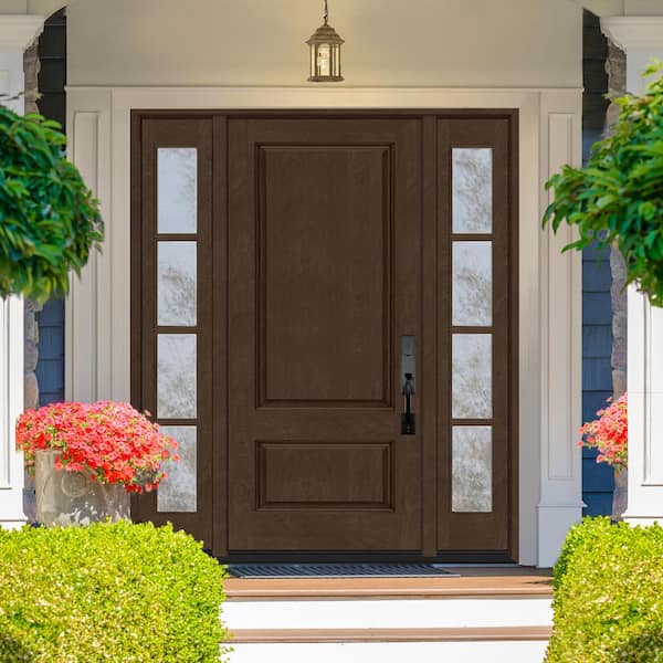 Regency 68 in. x 80 in. 2Panel 3/4-Squaretop LHIS Hickory Stain Fiberglass Prehung Front Door with w/4Lite Dbl 14in.SL