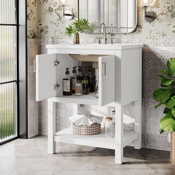 24 in. Single Sink Freestanding White Bath Vanity with White Ceramic Top Unassembled