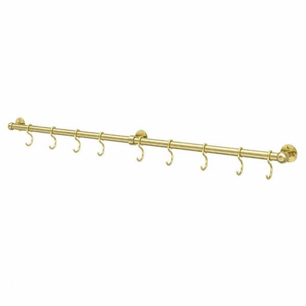 39.4 in. Brass Stainless Steel Wall Mounted Hanging Pot Rack with Hooks for Kitchen Utensil Cookware Organization