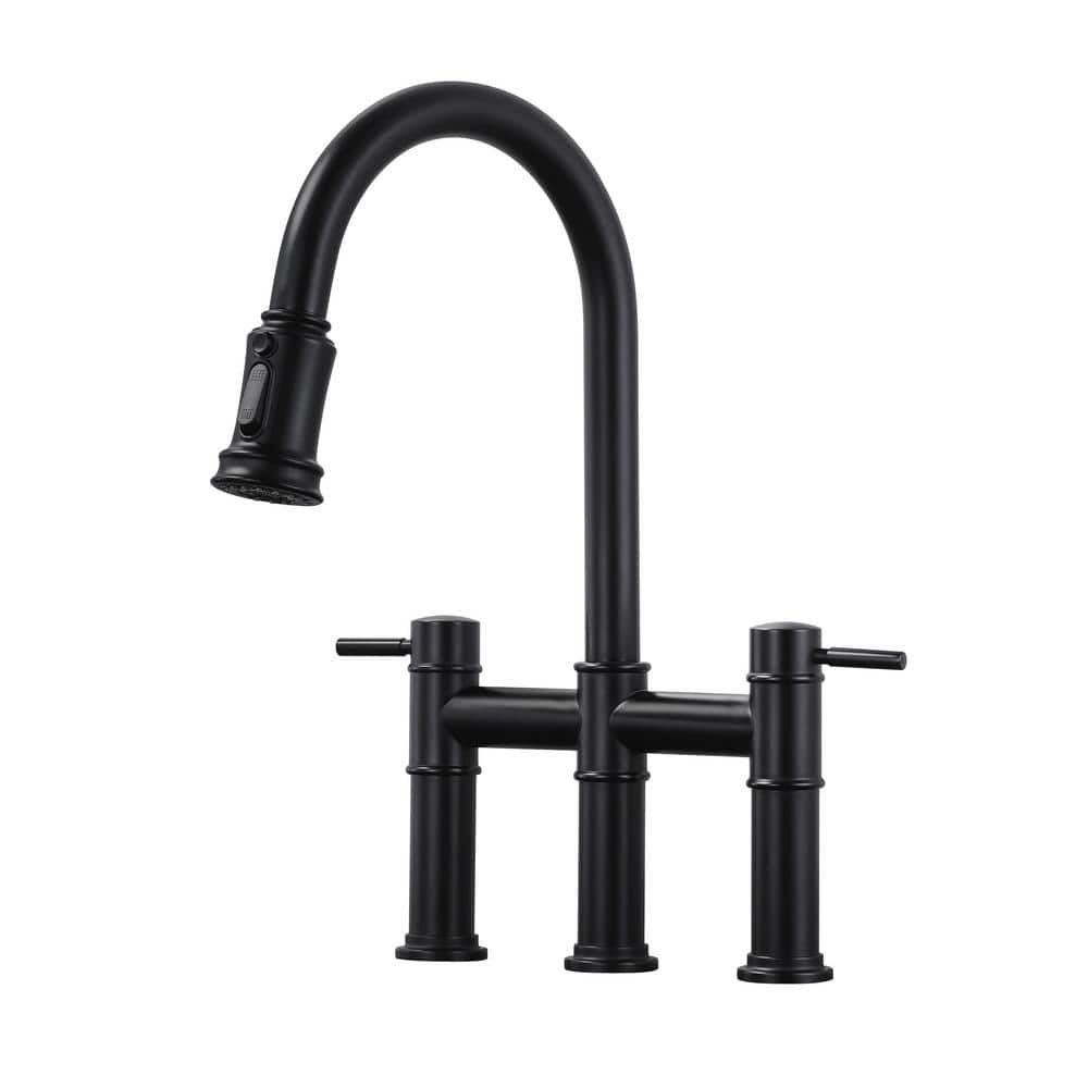 Matte Black Double Handle Bridge Kitchen Faucet with Pull-Out Spray