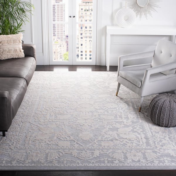 Reflection Light Gray/Cream 3 ft. x 3 ft. Border Floral Square Area Rug