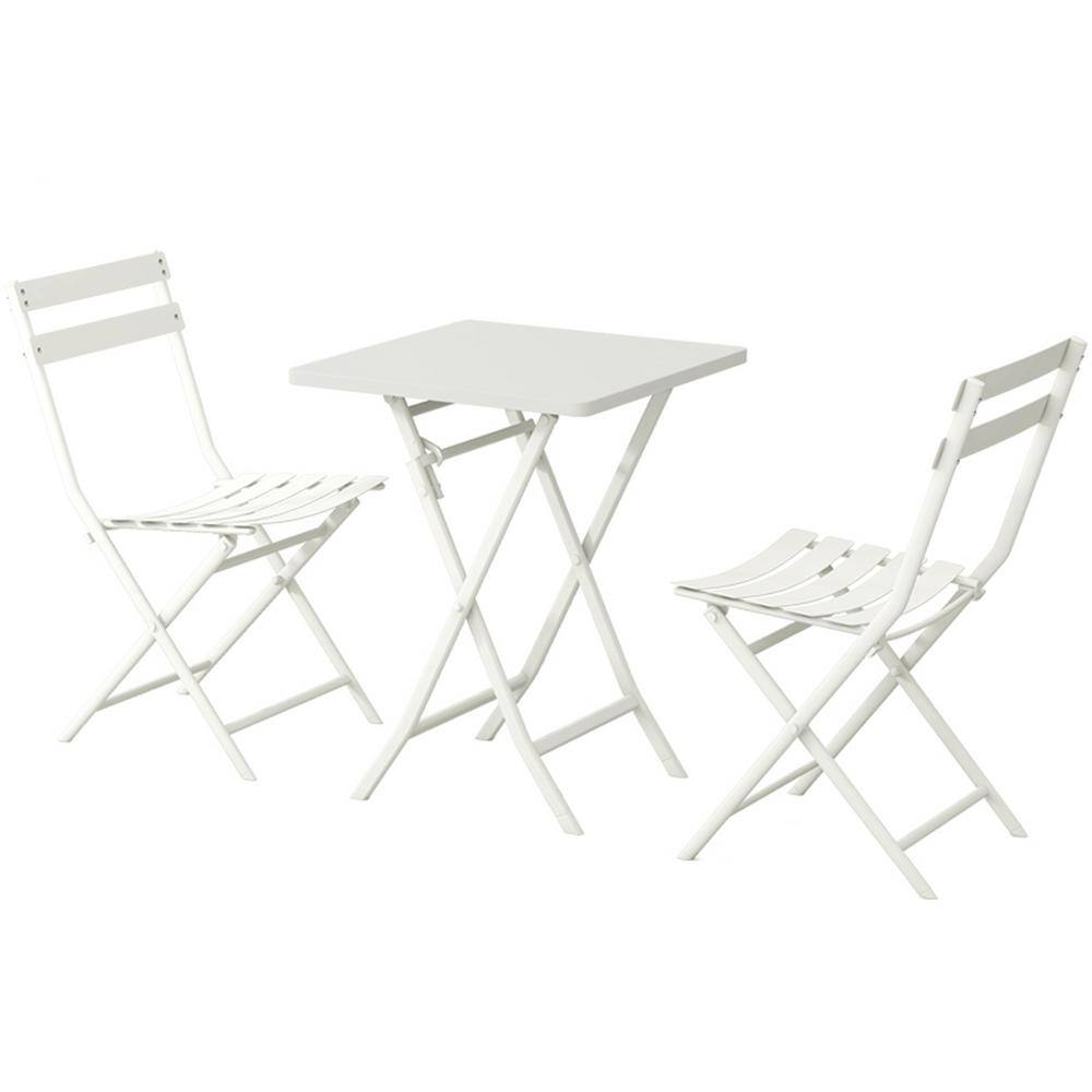 3 Piece White Metal Patio Outdoor Bistro Set of Foldable Square Table and C