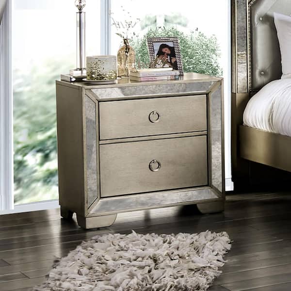 Furniture of America Sunlit 2-Drawer Champagne Nightstand 29.25 in. H x 30 in. W x 17.5 in. D