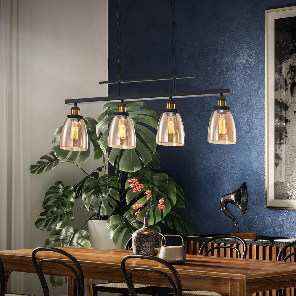 Walden Antique Black 4-Light Linear Kitchen Chandelier with Amber Glass
