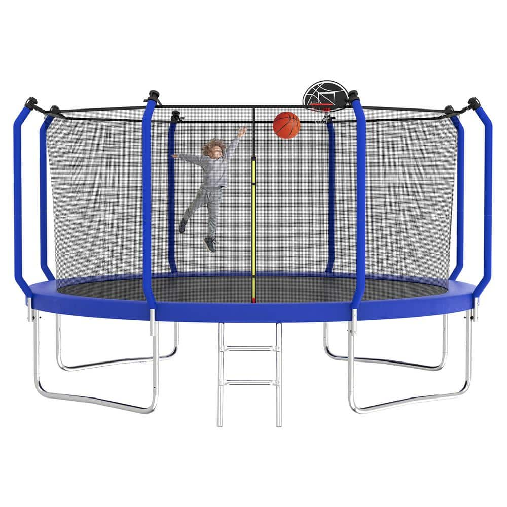 Boosicavelly 12 ft. Blue Galvanized Anti-Rust Outdoor Round Trampoline with Basketball Hoop and Enclosure Net