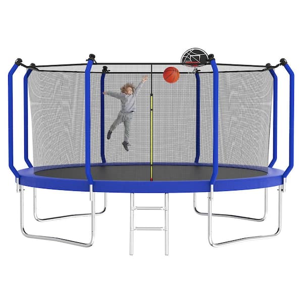 Boosicavelly 12 ft. Blue Galvanized Anti-Rust Outdoor Round Trampoline with Basketball Hoop and Enclosure Net