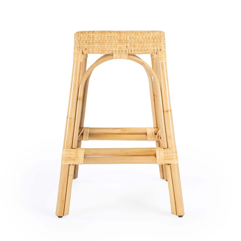 Cote d'Azur Inspired Natural Rattan and Wood Backless Counter Stool