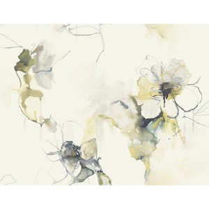 60.75 sq. ft. Dark Ash and Canary Anemone Watercolor Floral Paper Unpasted Wallpaper Roll