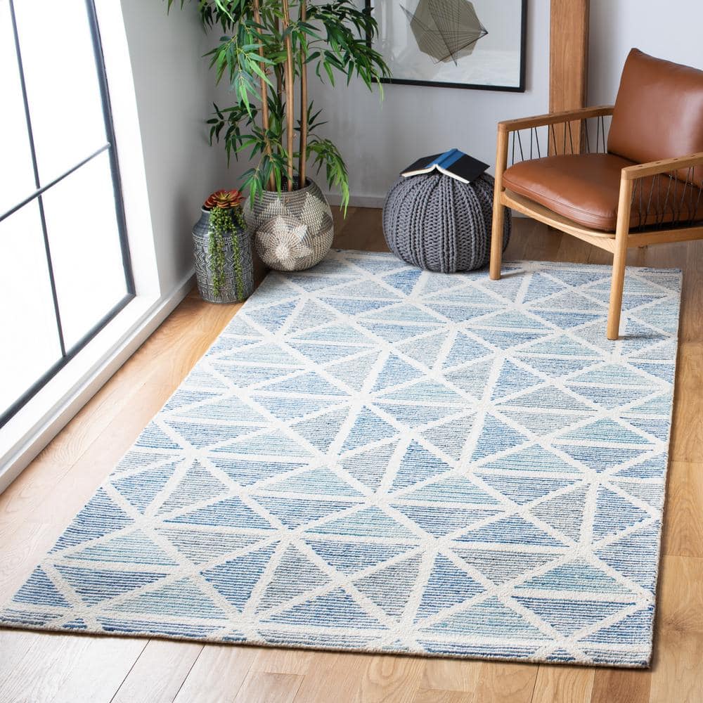 Handmade Blue and Ivory Wool Geometric Area Rug