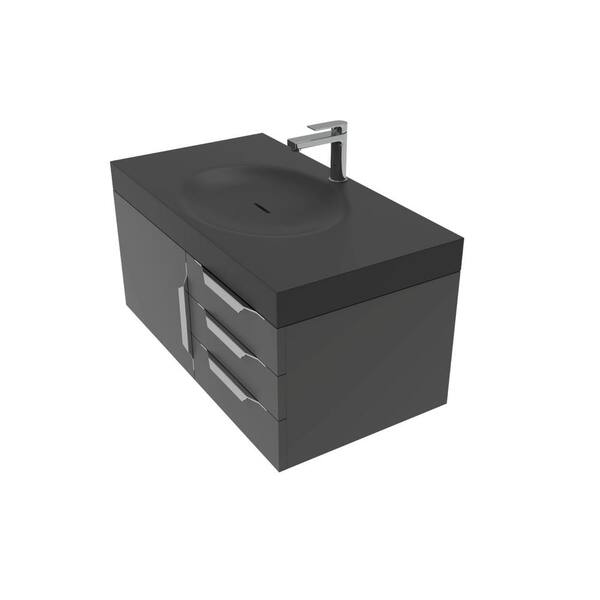castellousa Thames 36 in. W x 19 in. D x 16.25 H Single Floating Bath Vanity in Matte Black w Chrome Trim w Solid Surface Black Top