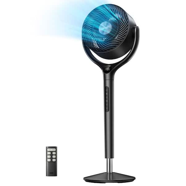 9 in. Air Circulator Pedestal Floor Fan, with Remote and 3D 120° Oscillation, 9-Speed, 20 dB, 8-H Timer in Black
