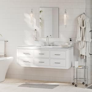 Hutton 54.25 in. W x 22 in. D x 19.6 in. H Single Sink Freestanding Bath Vanity in White with Carrara White Quartz Top