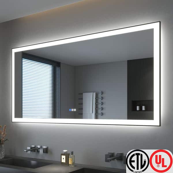 72 in. W x 36 in. H Rectangular Framed LED Anti-Fog Wall Bathroom Vanity Mirror in Black with Backlit and Front Light