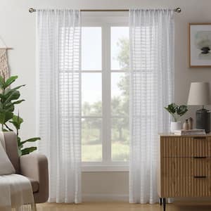 Pleated Stripe White 52 in. W x 84 in. L Rod Pocket Sheer Curtain (Single Panel)
