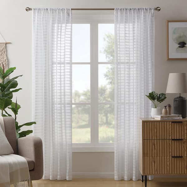 LiGHTSOUT with EnerShield Technology Pleated Stripe White 52 in. W x 84 in. L Rod Pocket Sheer Curtain (Single Panel)