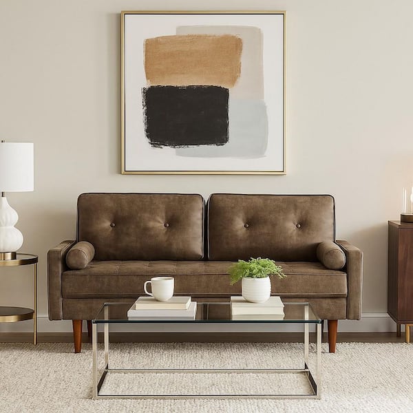 Raleigh Collection 70 in. Wide Square Arm Rectangle Faux Leather Mid-Century Modern Straight Sofa in Dark Brown