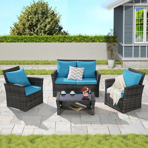 Sudzendf 4-Pieces Outdoor Patio Furniture Sets Garden Rattan Chair Wicker Set, with Light Blue Cushions
