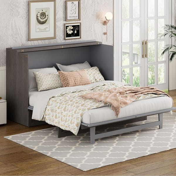 Polibi Gray Wood Frame Queen Murphy Bed with Large Drawers