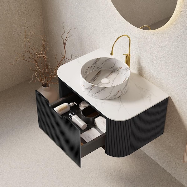 Baye 30 in. W Floating Black Bath Vanity with White Textures Ceramic Sink and Engineered Marble Top Unassembled