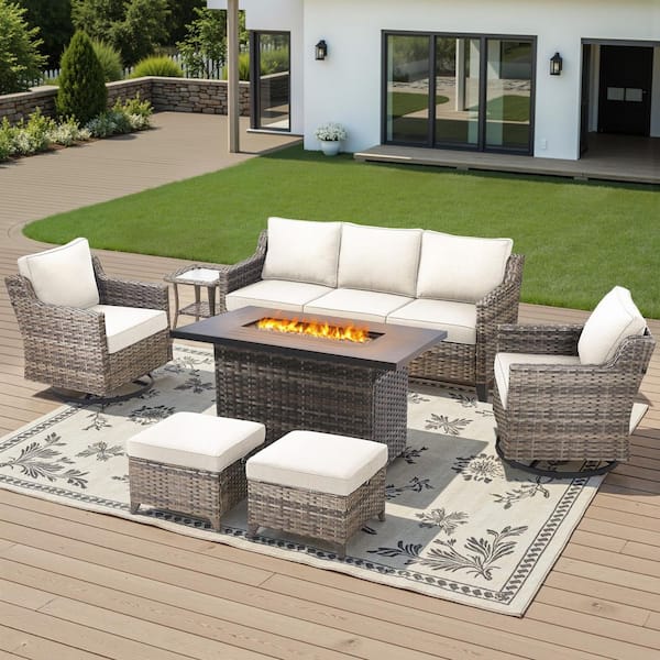Rattan Wicker 7 Seat 7-Piece Steel Outdoor Fire Pit Patio Set with Beige Cushions, Rectangular Lift-Top Fire Table