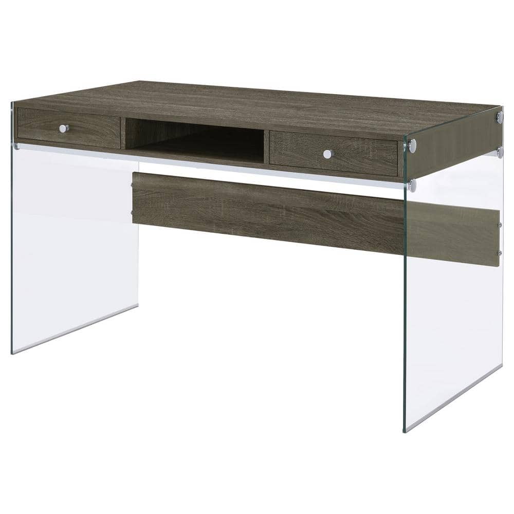 Weathered Gray 2-Drawer Writing Desk with Glass Sides