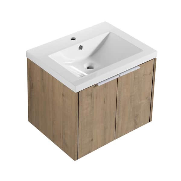 INSTER FINE 23.6 in. W x 18.1 in. D x 19.8 in. H Single Sink Wall Mount Bath Vanity in Light Oak with White Acrylic Top Sink