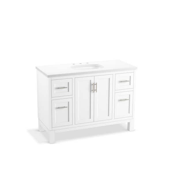 KOHLER Quo 48 in. W x 21 in. D x 36 in. H Single Sink Freestanding Bath Vanity in White with Pure White Quartz Top