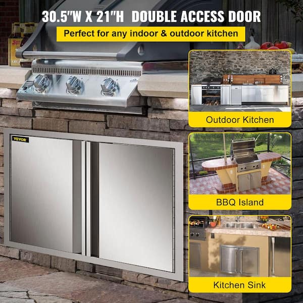 Karpevta Outdoor Kitchen Door 33 W X 21 H BBQ Double Access Door Recessed Handle Thickened Stainless Steel Wall Construction Door for Outdoor Kitchen Grilling Station or Commercial BBQ Island