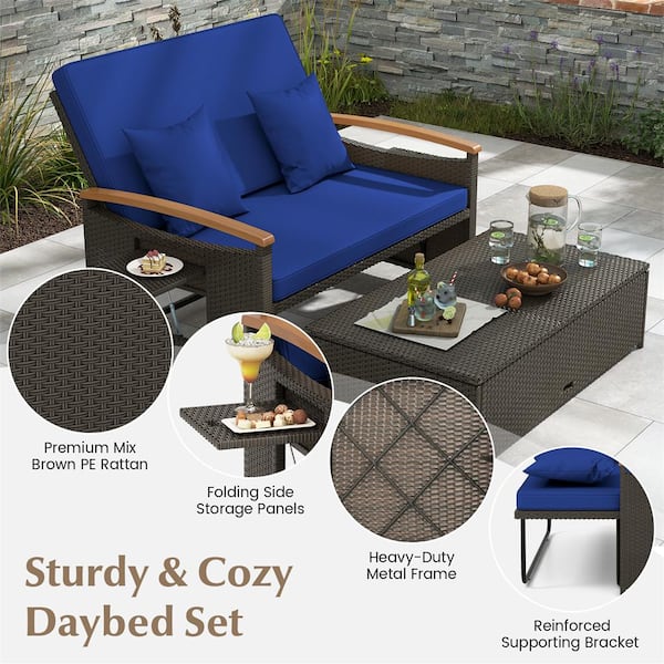 Moccha 2-Piece Outdoor Daybed - PE Rattan Sunbed With 31 Gallon Storage Ottoman Soft Cushions Wicker Loveseat Sofa Chaise Lounge 2 Person Bed Lounger Porch