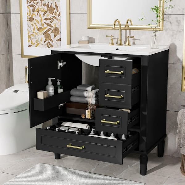 30 in. W x 18.3 in. D x 34 in. H Single Sink Freestanding Bath Vanity in Black with White Ceramic Top